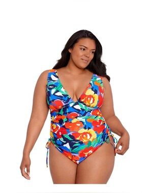 Ralph Lauren 14-16W Plus Size Colorful Side-Shirred One-Piece Swimsuit